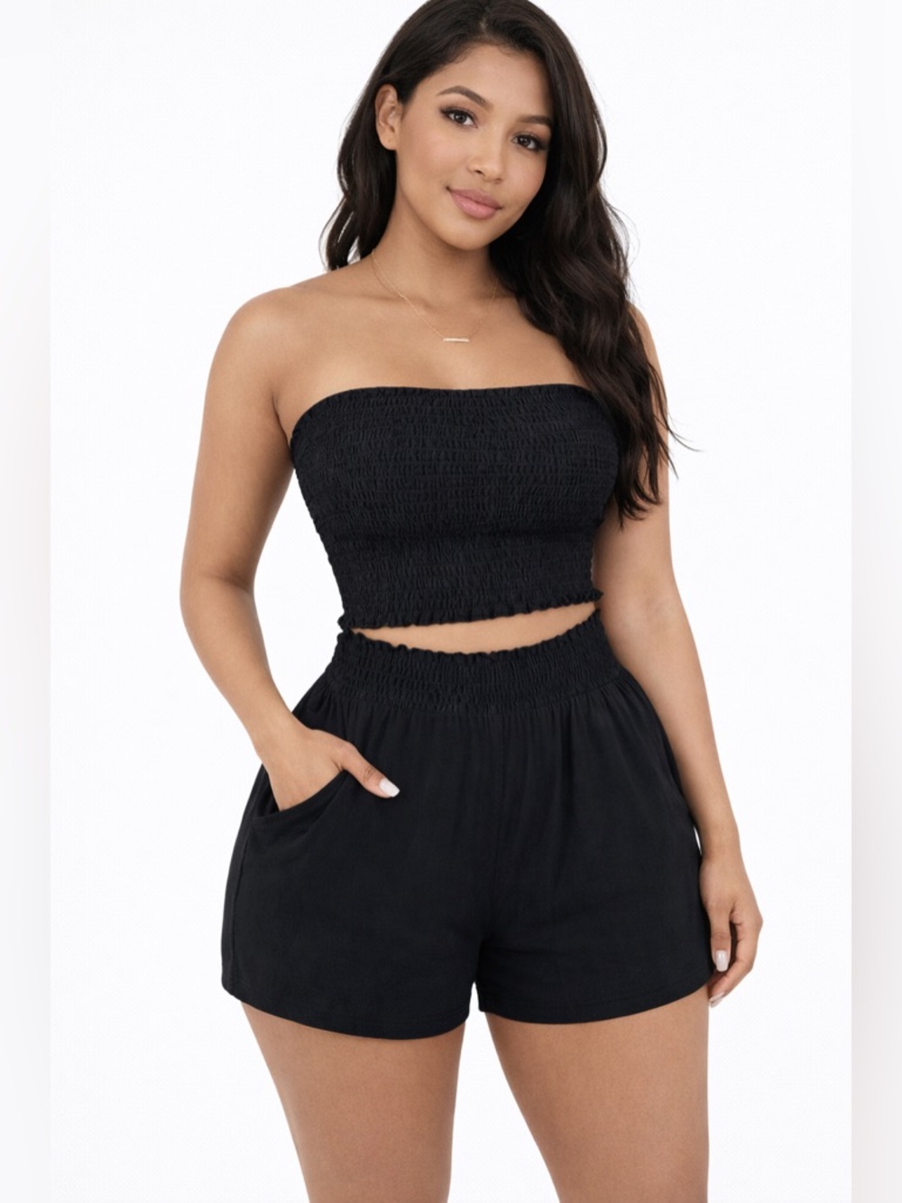 Black Smocked Waist Shorts - Women